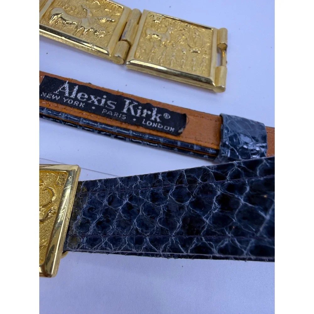 Alexis Kirk Vintage 90's Blue Snakeskin Leather Belt Egyptian Link Adjustable